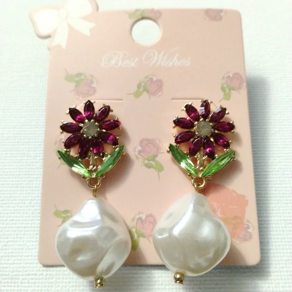 New Floral Gemstone and Faux Pearl Drop Earrings - Picture 6 of 6
